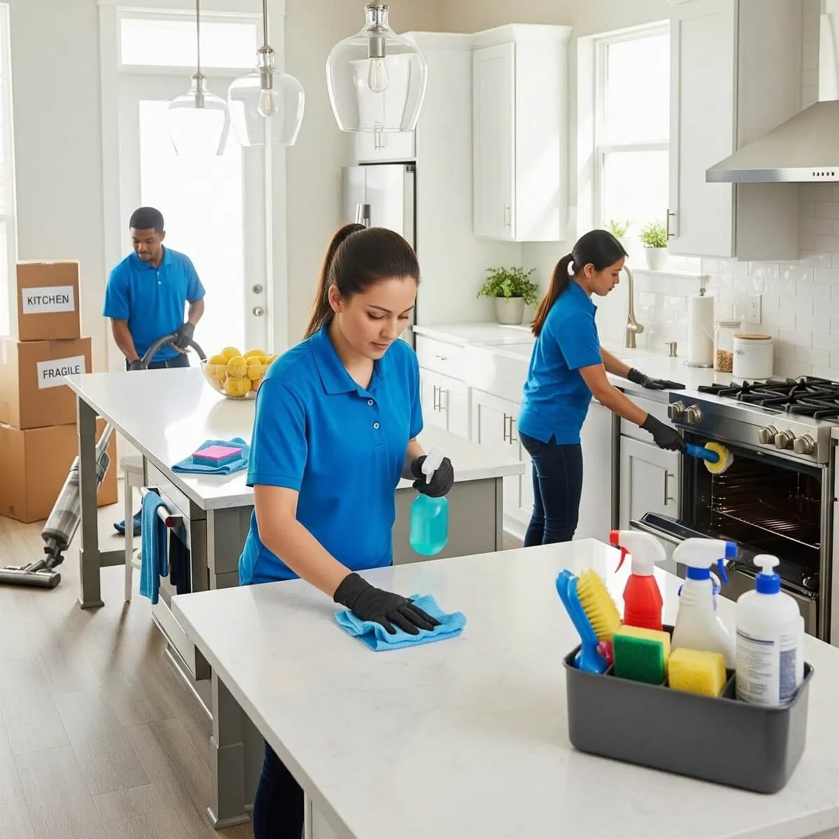 Three professionals cleaning a bright modern kitchen